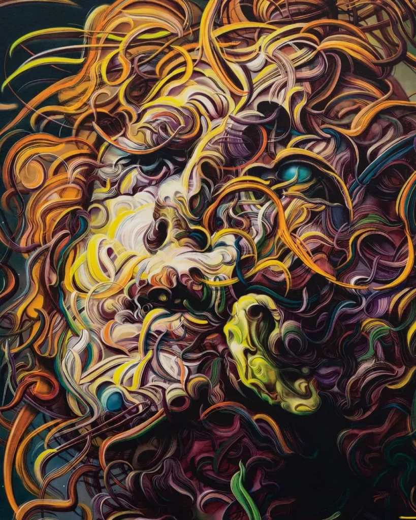 Retrato estilizado de un león con colores vibrantes y líneas fluidas