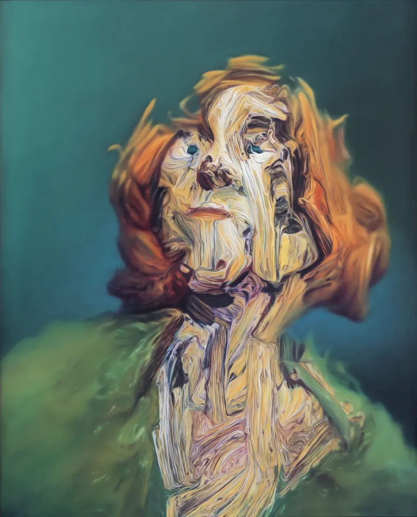 Retrato surrealista de una figura humana con rostro distorsionado y fondo verde-azulado