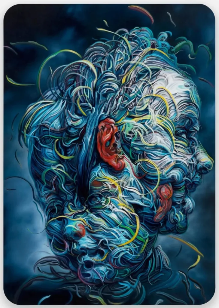 Cabeza humana estilizada con trazos digitales en espiral y colores intensos