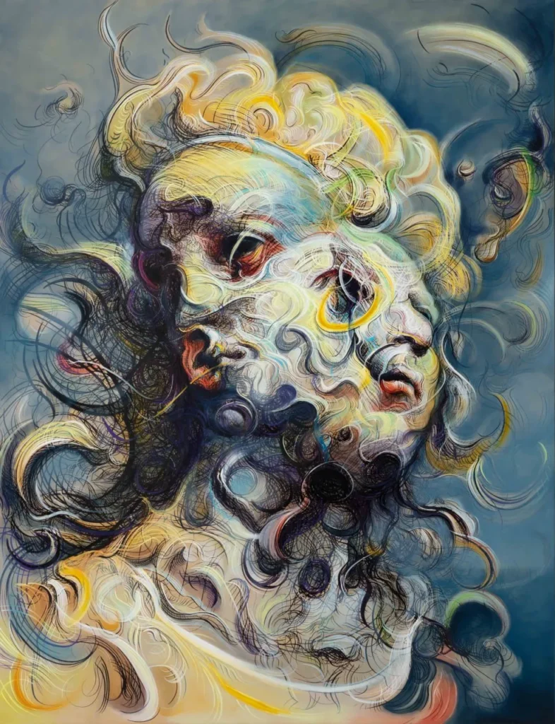Retrato abstracto de una cara humana con trazos caóticos y colores contrastantes