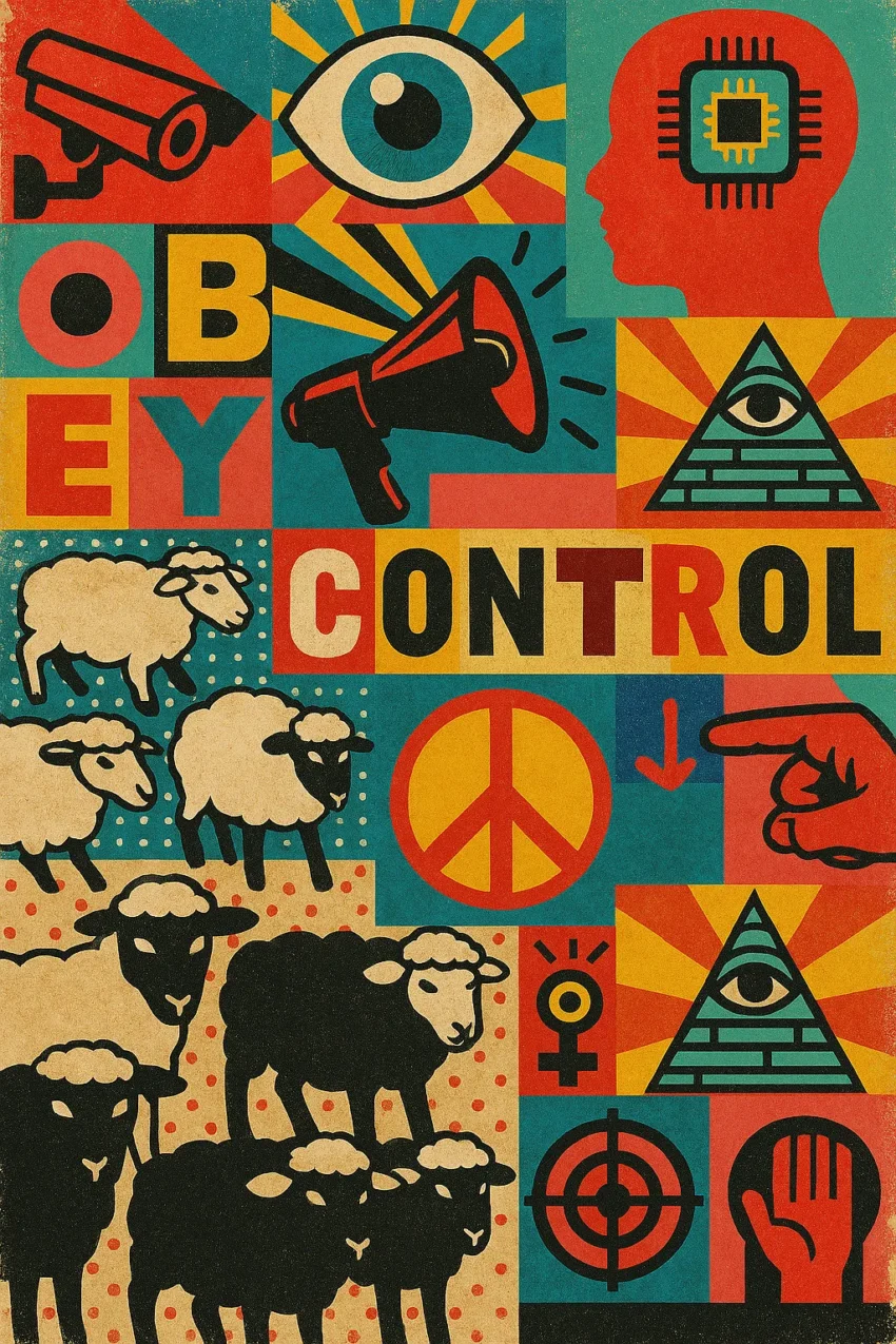 Un collage pop-art con símbolos de control social y ovejas