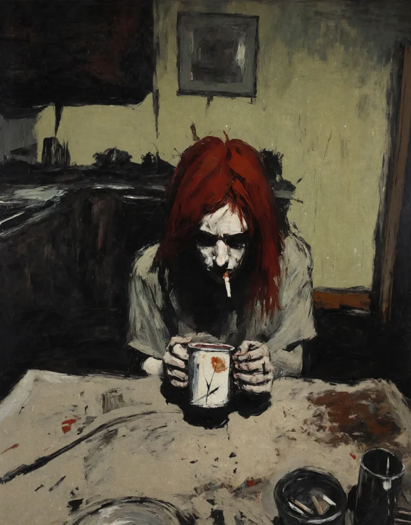 Una habitación, mesa y una persona tomando café y cigarrillo retratado la pobreza