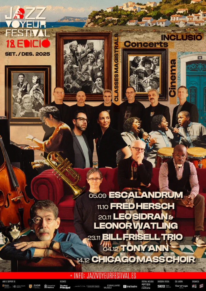 Cartel promocional del Jazz Voyeur Festival 2025 con retratos de músicos y fechas de conciertos.