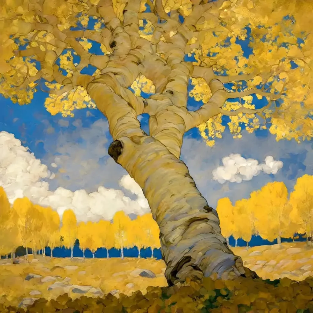 Paisaje dorado de Jef Bourgeau con un árbol de primer plano
