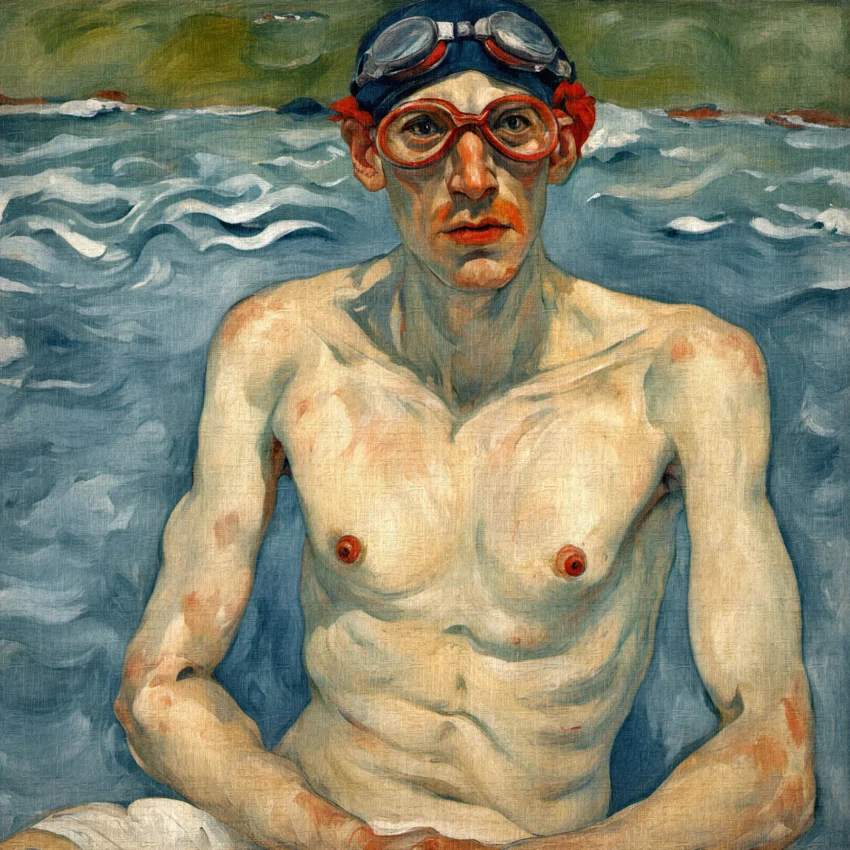 Retrato de hombre en la playa con gafas y corro de natación