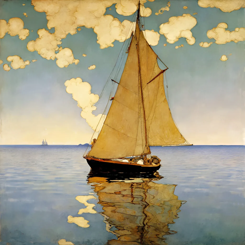 Paisaje y un velero en tonos azules y dorados