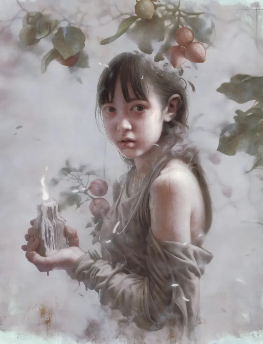 Retrato de chica con vela de Lo Chan Peng rodeada de árboles frutales