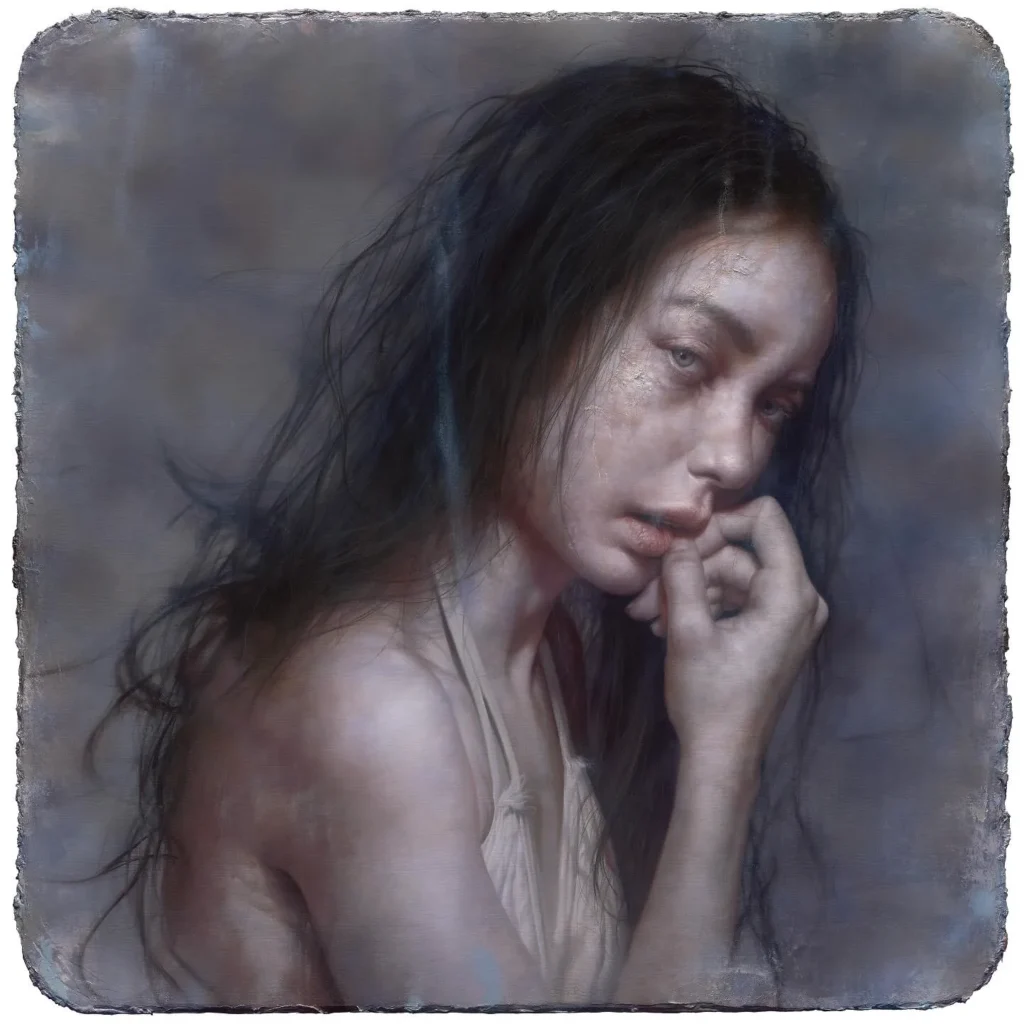 Retrato de una mujer con cabello largo y mirada pensativa de Lo Chan Peng