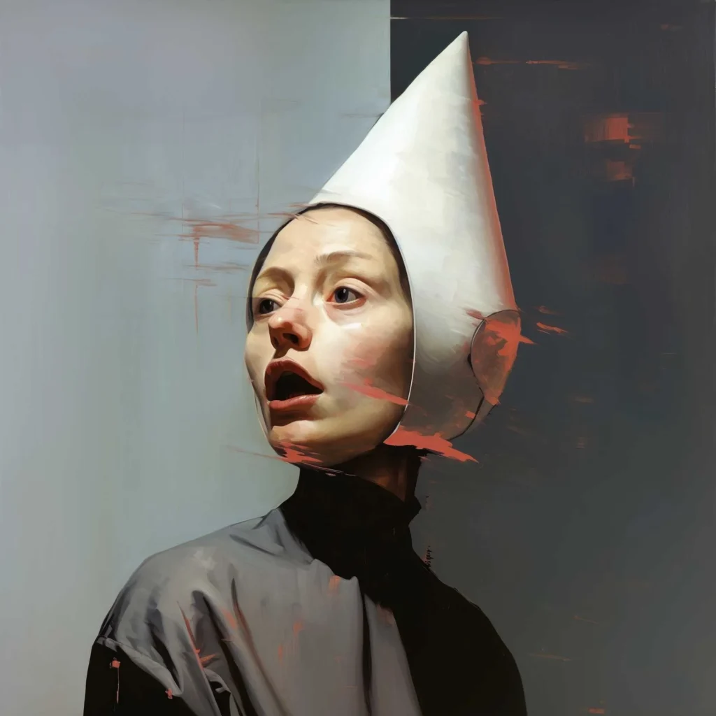 Retrato a mujer con vestido gris y cono blanco e la cabeza, de Nae Zerka