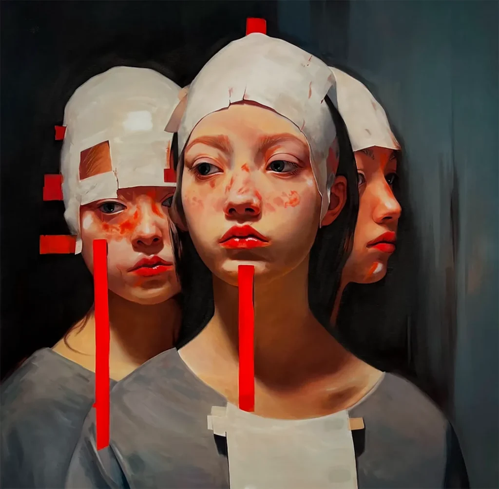 Retrato de Nae Zerka de una chica asiática divida en tres perfiles a fondo gris y formas rectas rojas interrumpen al primer plano
