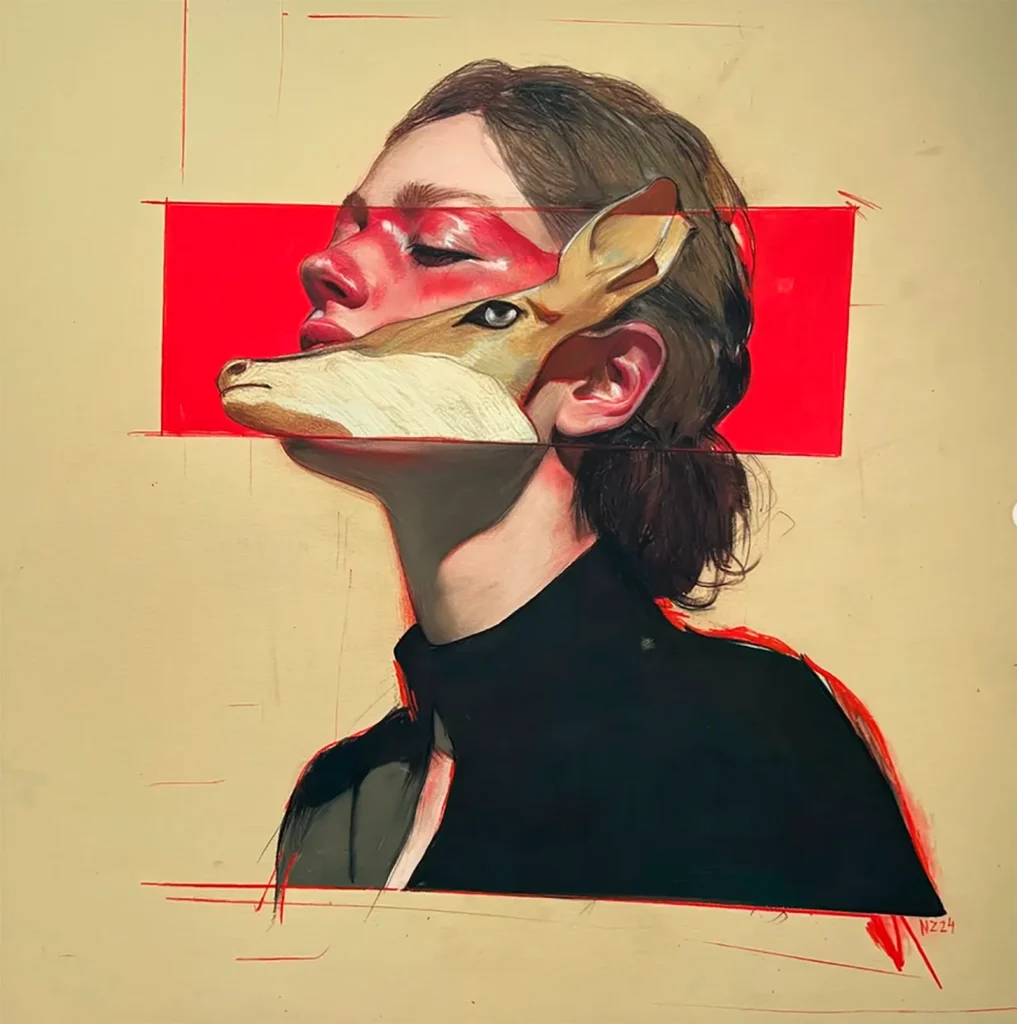 Retrato de Nae Zerka de una mujer en perfil y la parte de la mandíbula tapada con un ciervo. Todo a un fondo ocre frío y la cara está marcada con una mancha rectangular roja