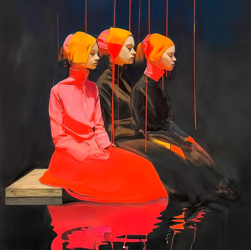 Retrato de Nae Zerka, de tres chicas sentadas en un banco a fondo negro y aguas negras
