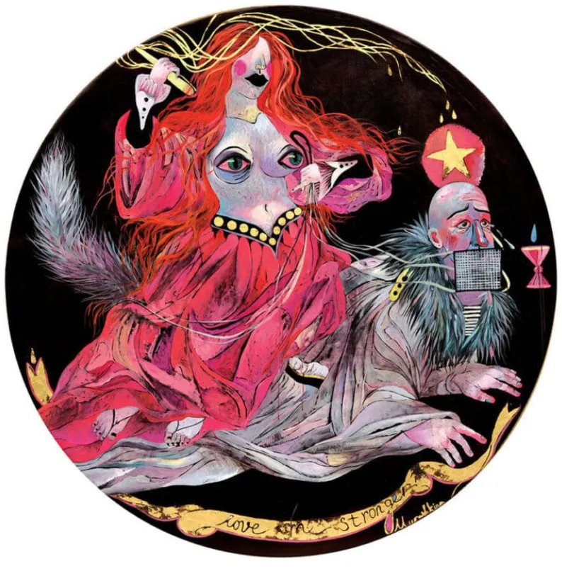 Dos figuras humanoides surrealistas dentro de un marco circular, rodeadas de símbolos de tiempo, emoción e identidad.