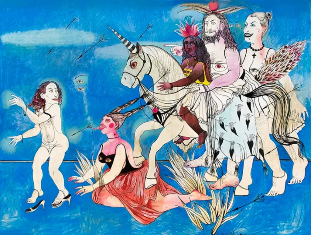 Unicornio con rostro humano montado por figuras humanas en escena surrealista, rodeado de mujeres en poses expresivas y elementos fantásticos sobre fondo azul.