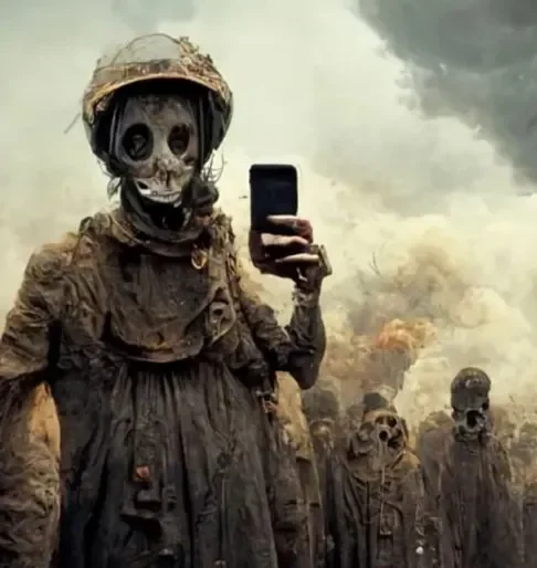 Grupo de figuras esqueléticas en ropa desgastada, envueltas en niebla densa; una figura central sostiene un smartphone como si tomara una selfie, evocando una escena post-apocalíptica.