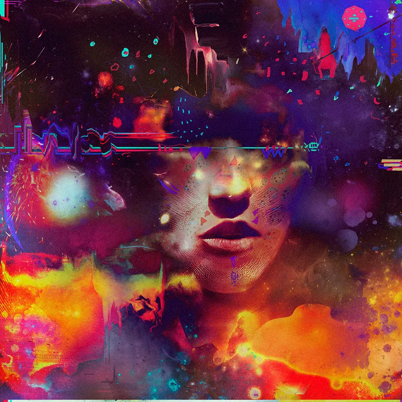 Rostro femenino parcialmente oculto por distorsión digital, rodeado de elementos cósmicos y formas abstractas. Obra de Diego Rodríguez.