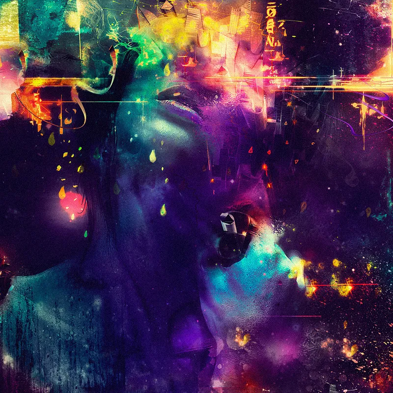 Rostro humano abstracto entre luces neón, partículas flotantes y símbolos verticales. Obra de Diego Rodríguez.