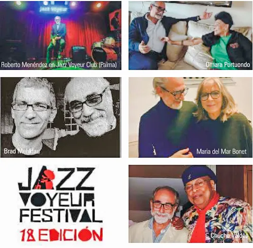 Collage de seis imágenes del Jazz Voyeur Festival 18ª edición, con músicos como Omara Portuondo, Chucho Valdés, Brad Mehldau, Maria del Mar Bonet y Roberto Menéndez, junto al logo oficial del festival.