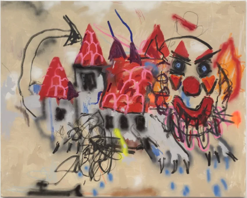 Ilustración abstracta con castillos de tejados rojos y rostro de payaso expresivo sobre fondo caótico