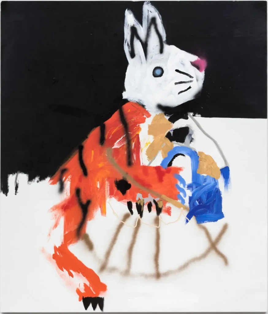 Pintura de conejo antropomórfico con cuerpo de tigre, regadera azul y fondo dividido en blanco y negro