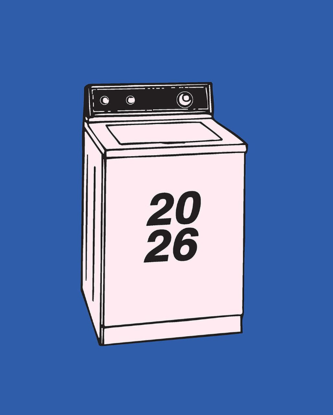 Ilustración de portada de Whashing Machine de Sonic Youth lavadora rosa con el número 2026 sobre fondo azul, estilo gráfico minimalista.