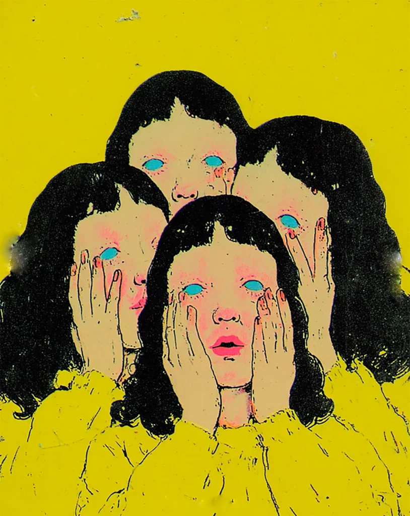 Retrato Pop Art de una chica cuadriplicada, cabellos negros onduladas, ojos azules, mufletes sonrojados a fondo amarillo