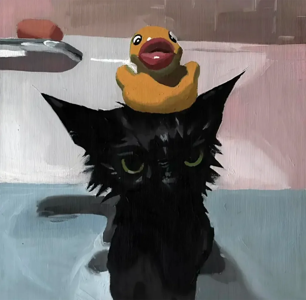 En este cuadro de @danielarthury observamos un gatito mojado de color negro un pato de goma en la cabeza, en la bañera