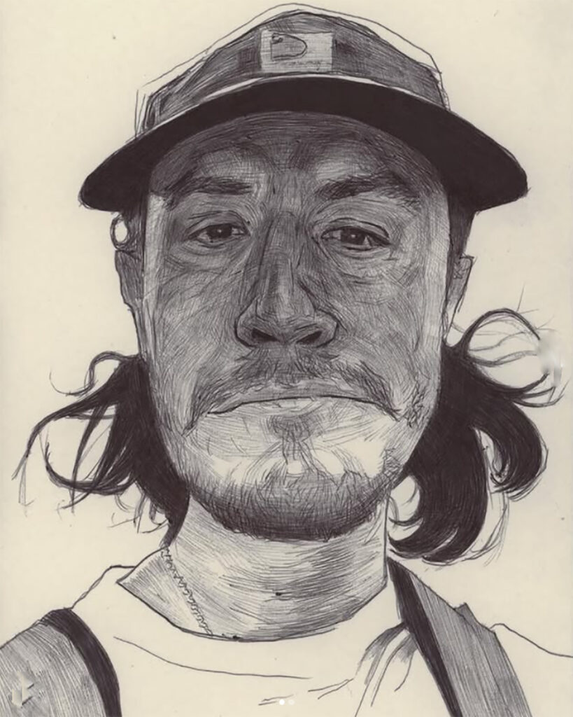 Retrato a lápiz de un hombre contemporáneo con gorra baseball del artista Camilo Carreño
