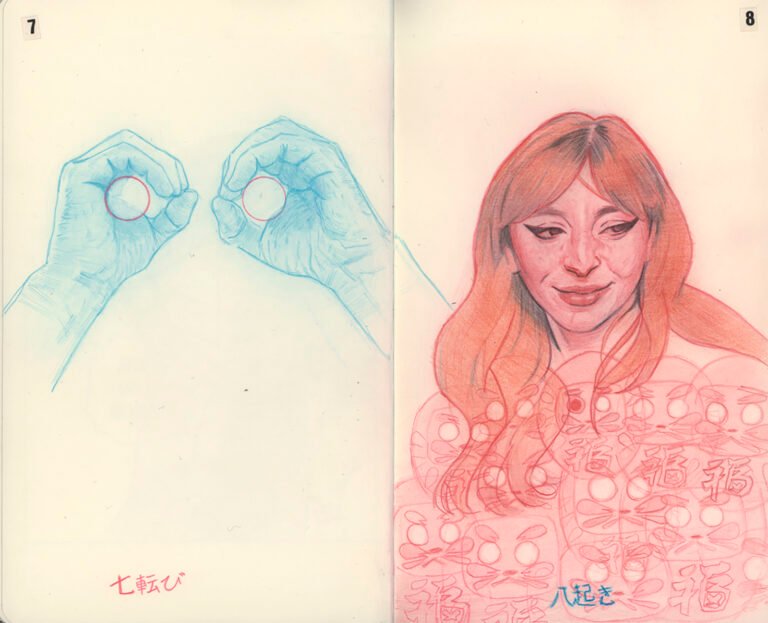 Retrato sobre un cuaderno de una mujer realizado con lápiz de color rojo y unas manos al lado en color azul del artista Camilo Carreño