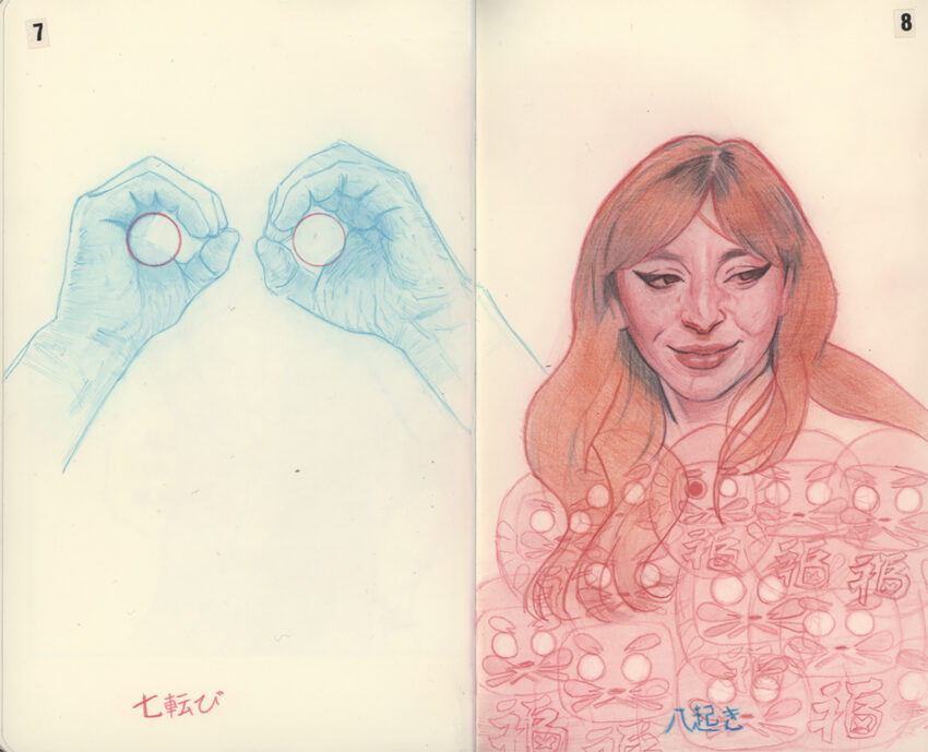 Retrato sobre un cuaderno de una mujer realizado con lápiz de color rojo y unas manos al lado en color azul del artista Camilo Carreño