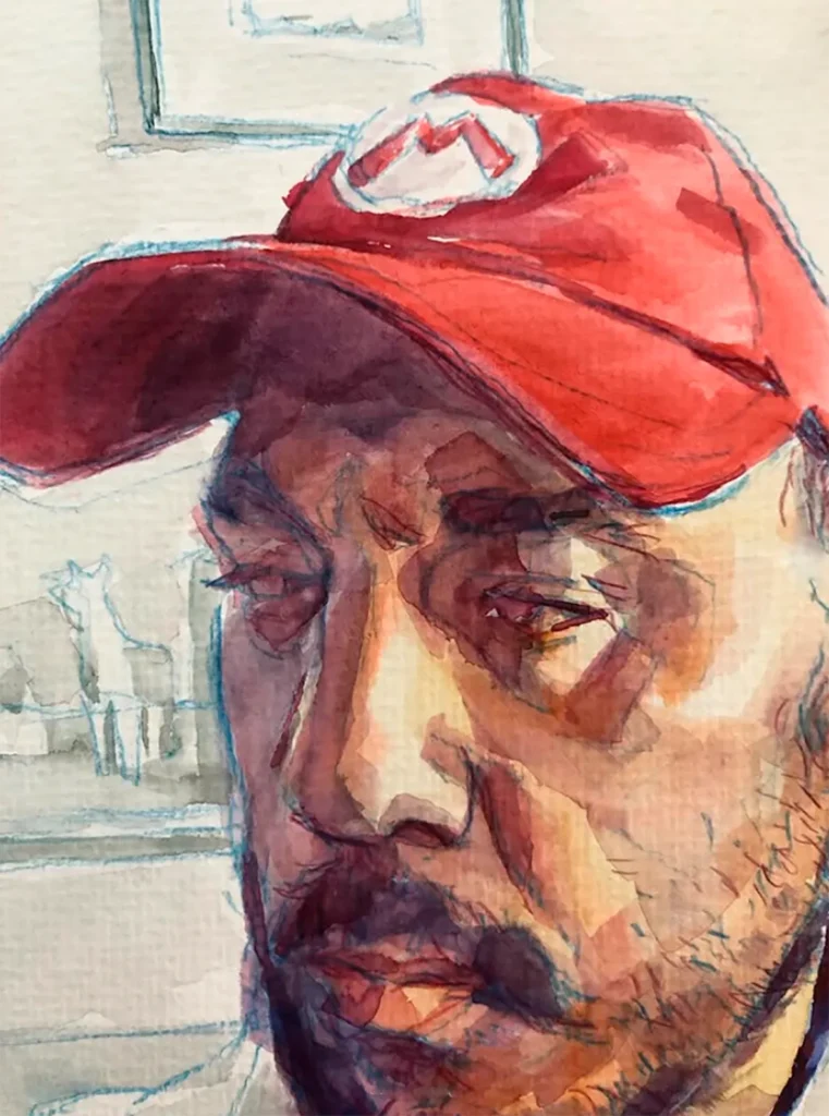 Retrato contemporáneo de un hombre con gorra de béisbol de Super Mario