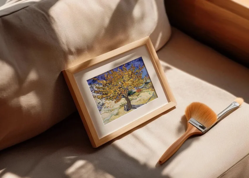 Pintura estilo Van Gogh de un árbol otoñal con brochas de maquillaje sobre superficie acolchada iluminada por el sol