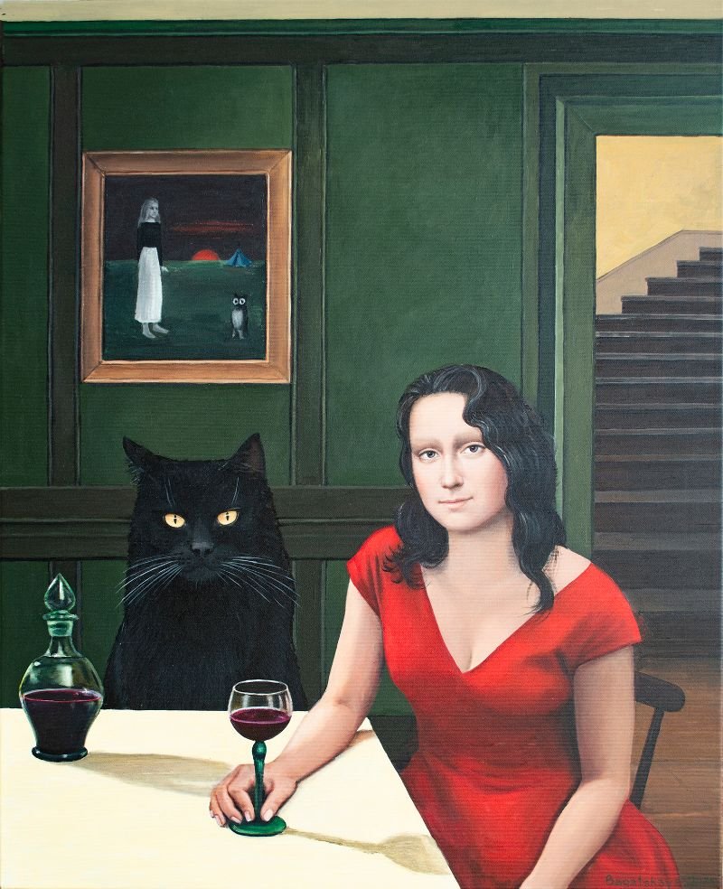 Retrato ilustrativo de Nataliya Bagatskaya a una mujer con vestido rojos sentada en una mesa con una gato negro tomando vino