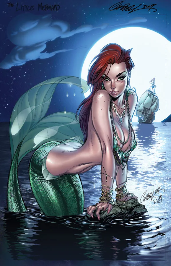 Ilustración sensual de La Sirenita con luna llena y barco al fondo, por J. Scott Campbell