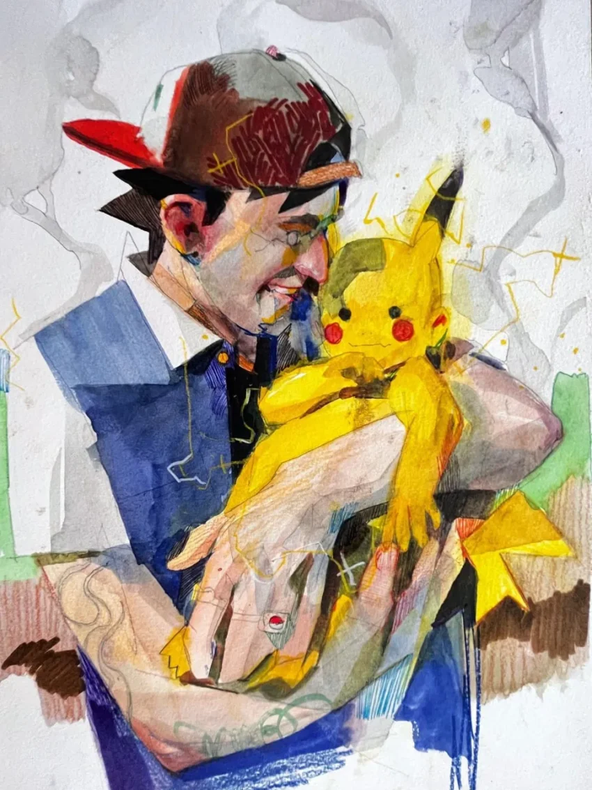 Persona sonriente con gorra roja y gris abrazando a Pikachu, ilustración artística con estilo acuarela y rayos eléctricos.