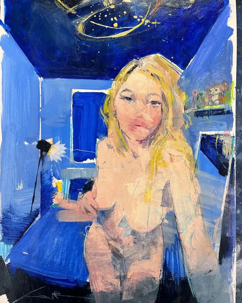 Pintura abstracta de figura humana desnuda en habitación azul, estilo expresionista por Jvan Rviz.