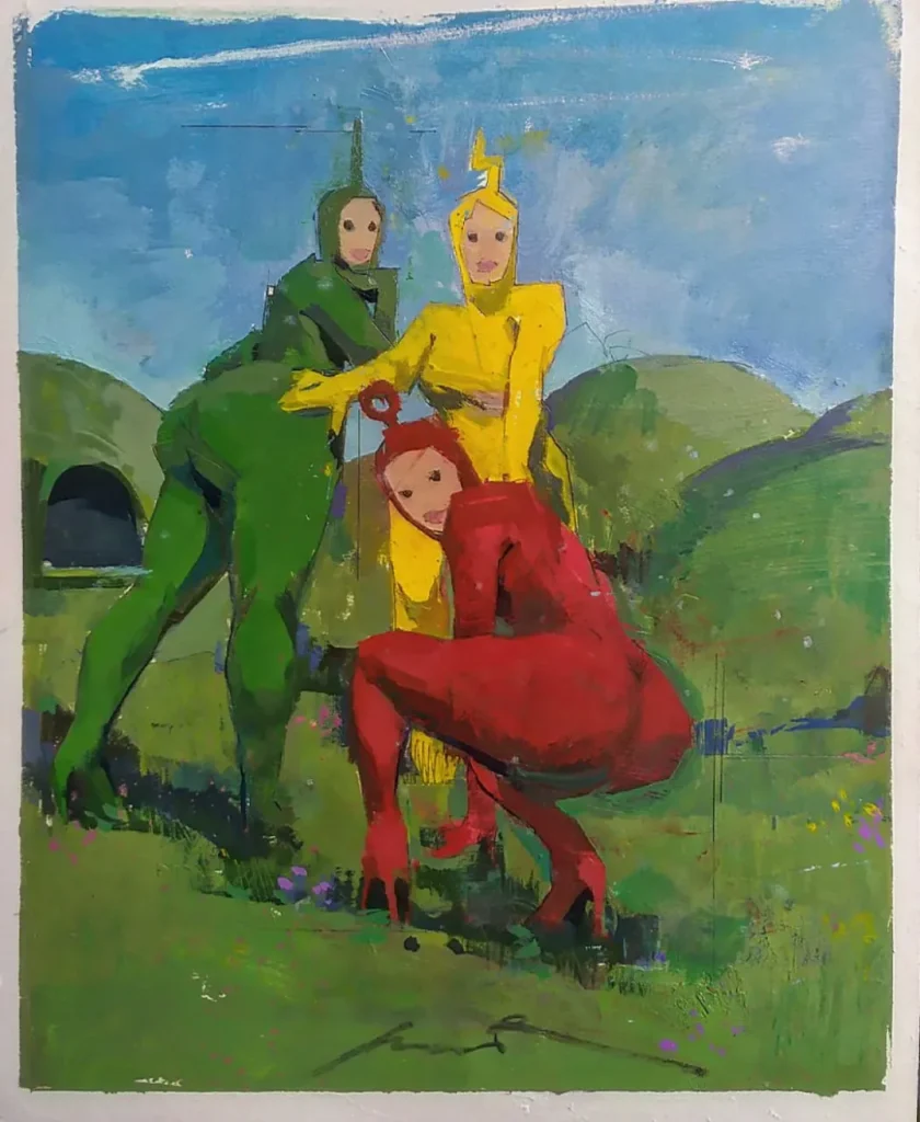 Tres figuras disfrazadas estilo Teletubbies en paisaje surrealista, pintura expresiva por Jvan Rviz.