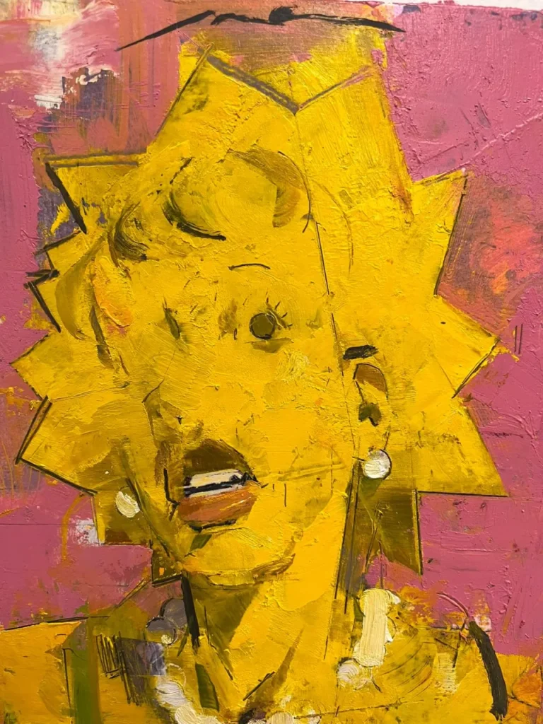 Retrato expresionista de Lisa Simpson con fondo rosa, pintura de Jvan Rviz.