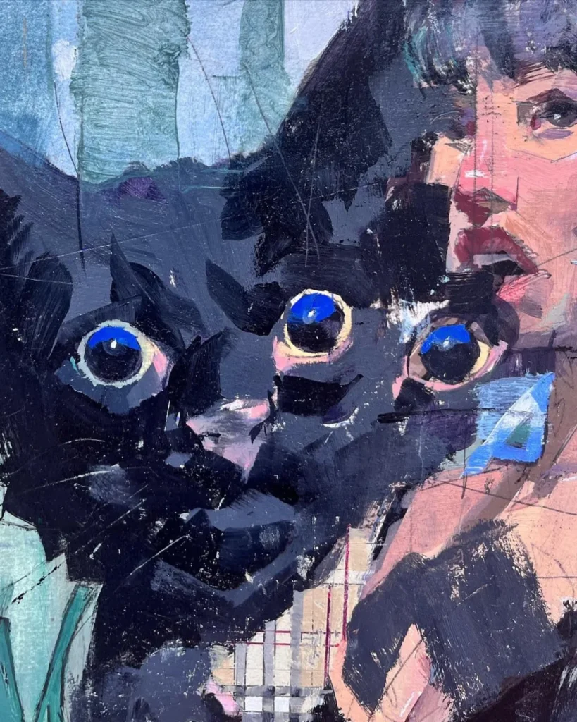 Pintura surrealista de gato negro con múltiples ojos y figura humana fragmentada, por Jvan Rviz.