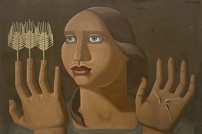 Figura estilizada con ojos azules, manos expresivas, espigas de trigo y marcas en la palma, en pintura simbólica de estilo moderno.