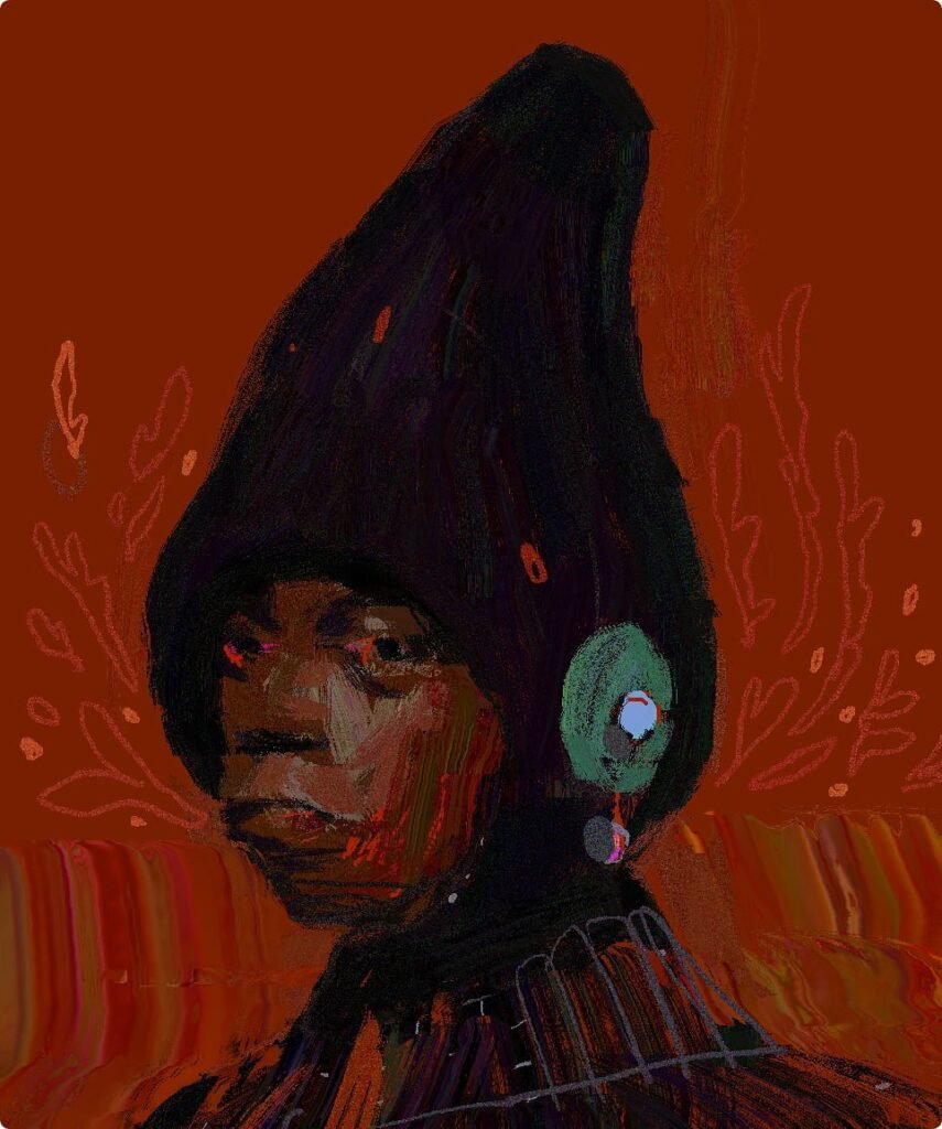 El retratado hombre negro con gorra y audífonos  de Hartnoll se caracteriza por una paleta equilibrada, construida a través de capas que generan textura y volumen sin perder claridad. 