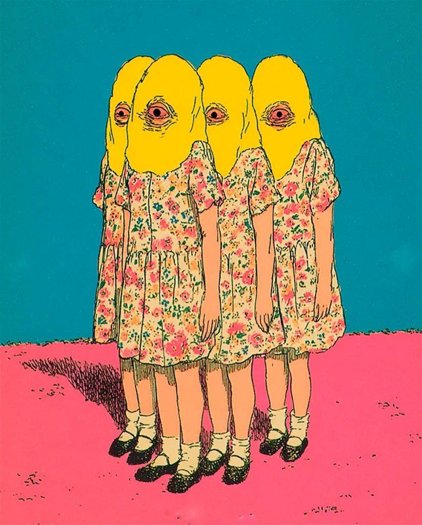 Oona Ode Arte pop, colores fucsia, turquesa, amarillo. Composición central de cuatro seres con vestidos florales y capuchas amarillas, calcetines con sandalias