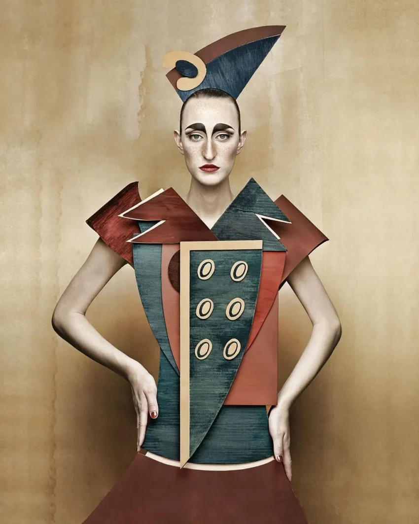 Retrato estilizado con vestimenta geométrica en tonos rojos, azules y beige, tocado triangular con círculo