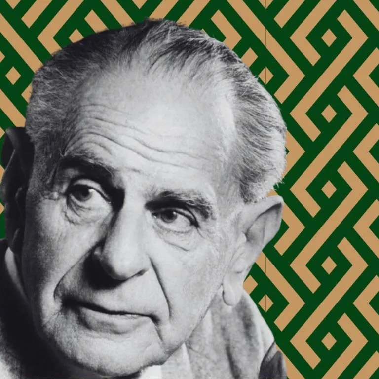Retrato en blanco y negro de Karl Popper con expresión seria, frente a fondo geométrico en tonos verdes y beige.