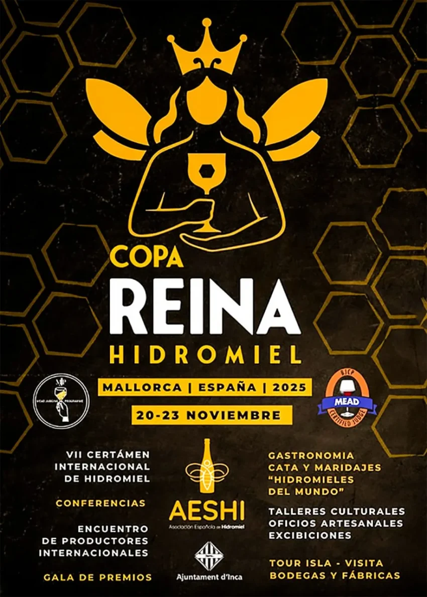 Cartel oficial de la Copa Reina Hidromiel 2025 en Mallorca, con ilustración simbólica de una figura alada y actividades del evento.