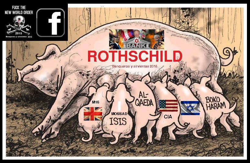 Caricatura de cerdo etiquetado como “Rothschild” rodeado de entidades con logos de inteligencia y terrorismo.