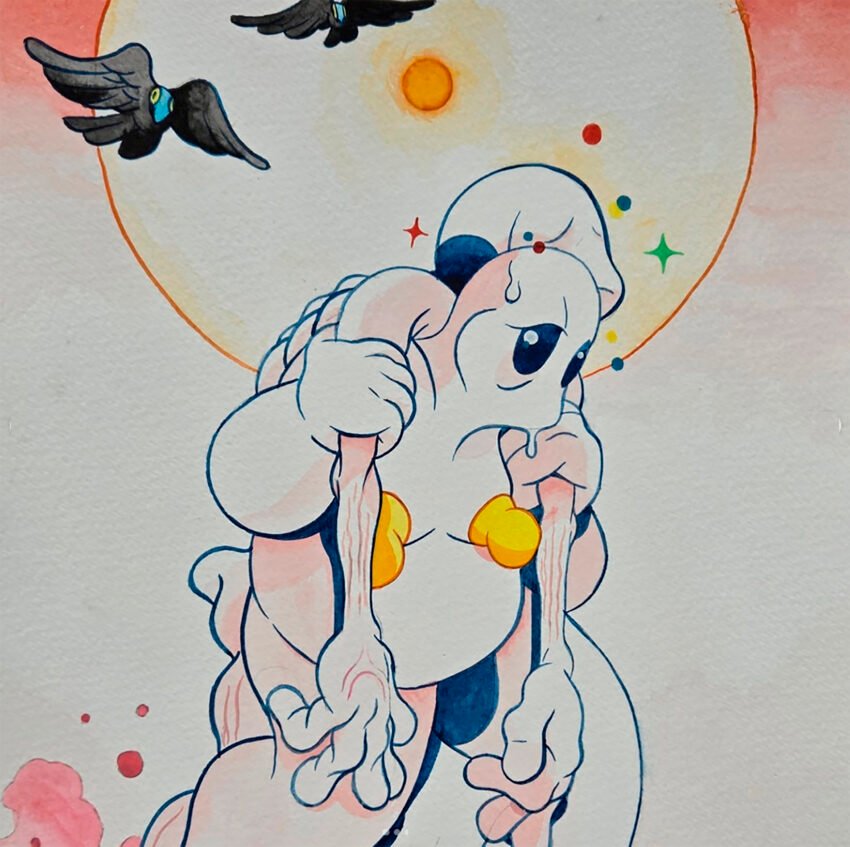 Su obra se caracteriza por un trazo firme, colores vibrantes y una narrativa visual que combina lo primitivo con lo poético.