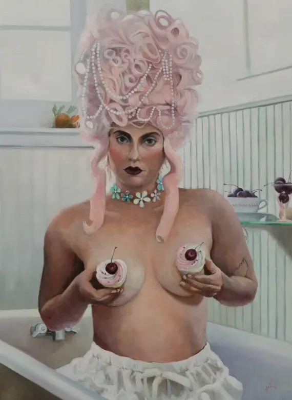 Pintura de Brett Andrus: figura con peluca rosa y cupcakes sobre el pecho en baño surrealista.