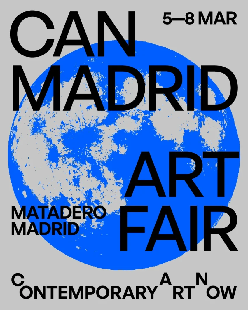 Cartel de CAN MADRID ART FAIR 2026 con diseño lunar azul y fechas del evento en Matadero Madrid