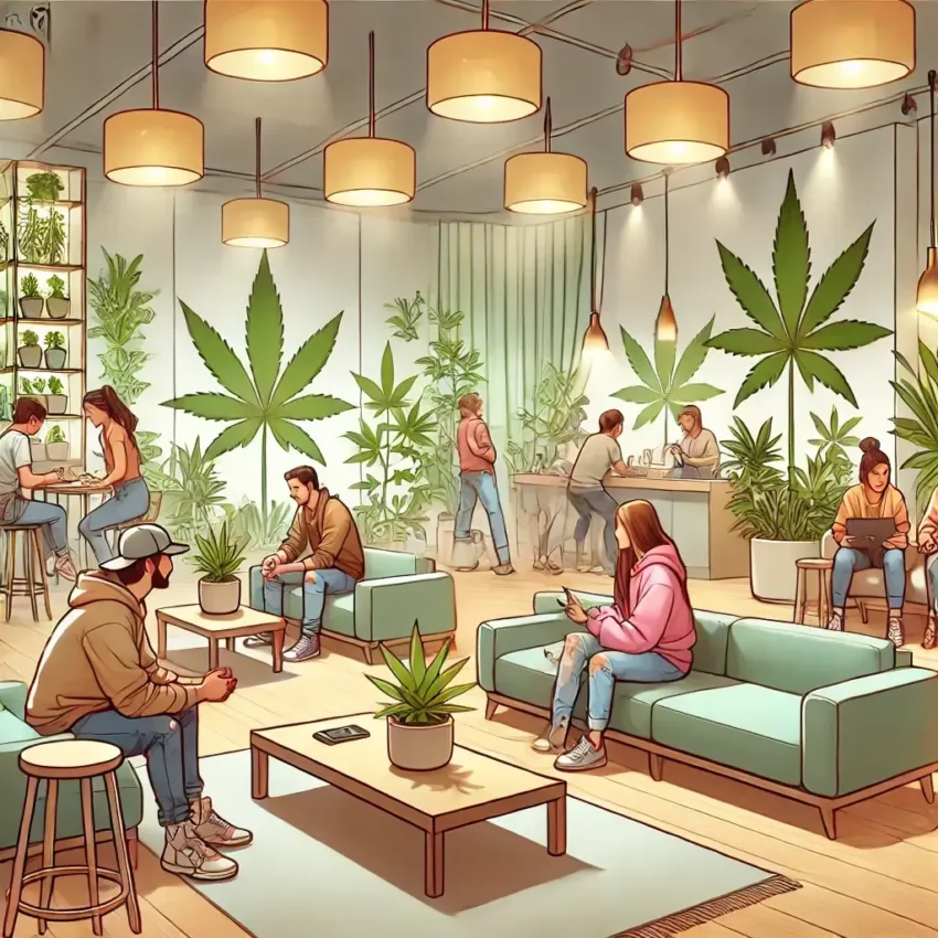 Interior de un club cannábico moderno con decoración temática, personas socializando y plantas de cannabis visibles.